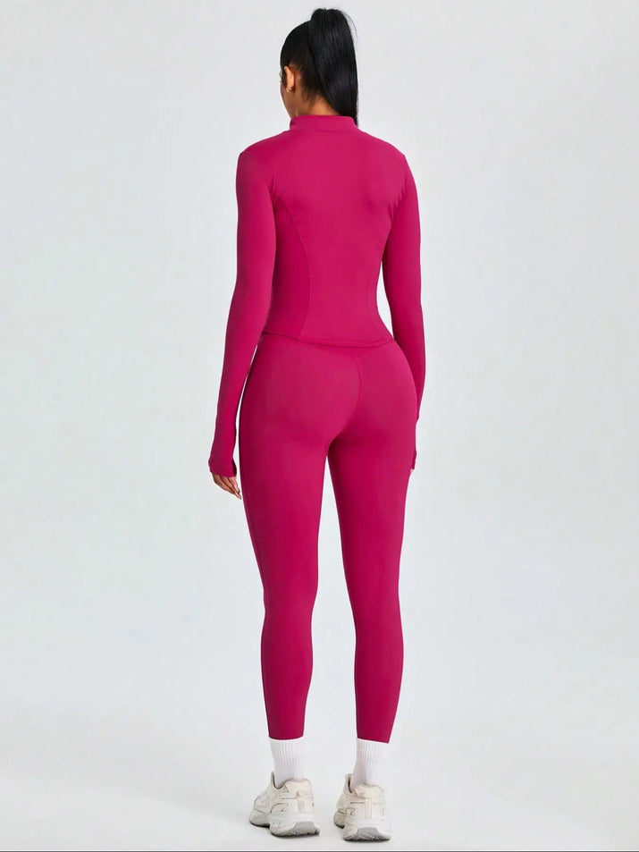 Two-Piece Set Women'S Solid Zip Upmock Neck Sports Jacket & Highwaist Leggings Set, Sportybreathable Quick Drying